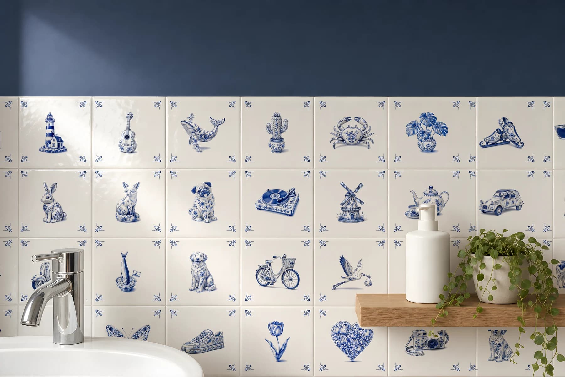 Een badkamerwand vol Delfts blauwe tegeltjes met verschillende ontwerpen